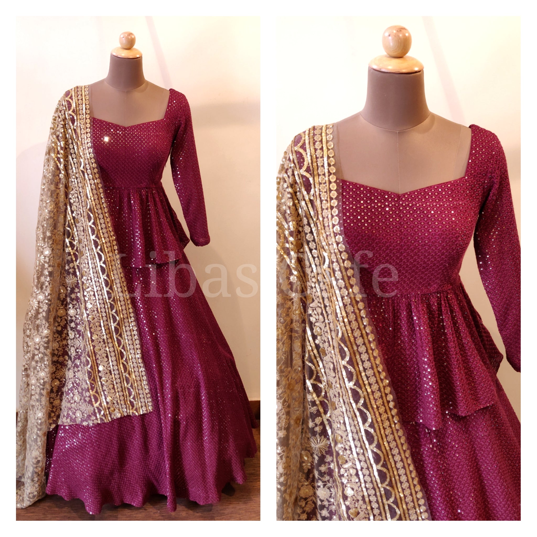 Maroon Lakhnavi Peplum Lehenga